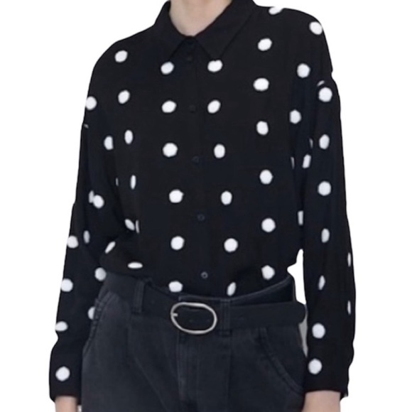 Zara Tops - Zara Polka Dot Pom Pom Button Front Long Sleeve Shirt Top